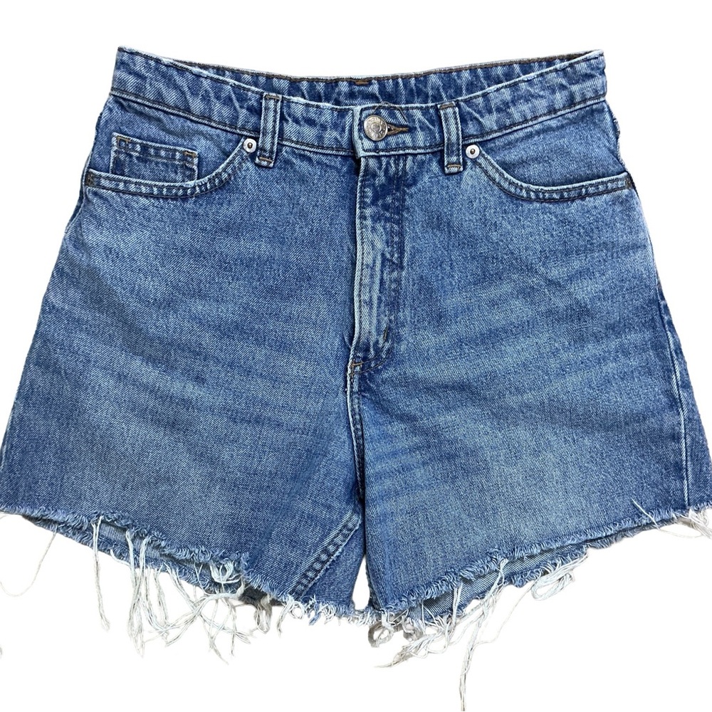 Monki Denim Cutoff Shorts Size 27 High Rise Frayed Hem Blue